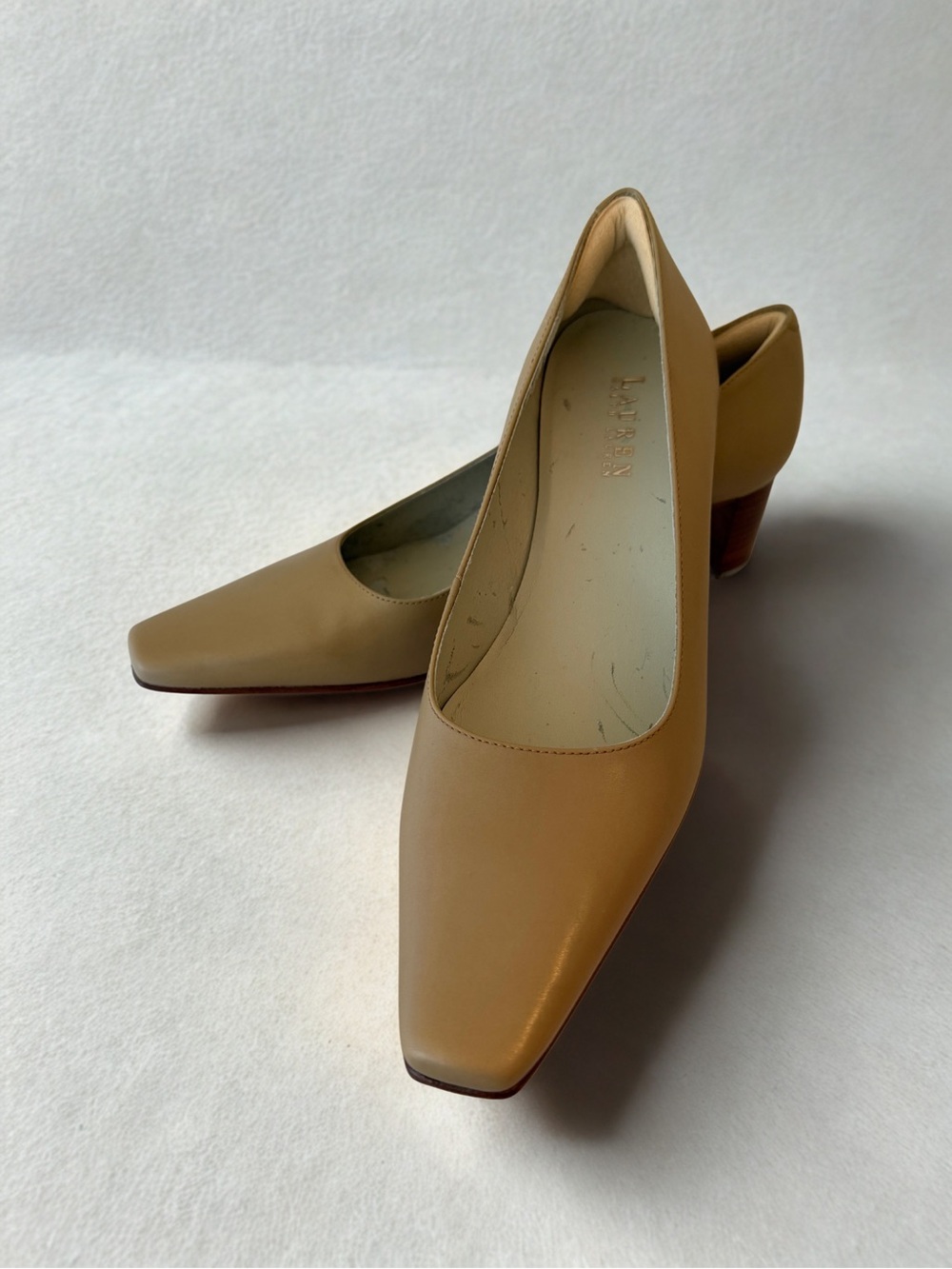 Ralph Lauren Tan Leather Square-Toe Low Block Heels